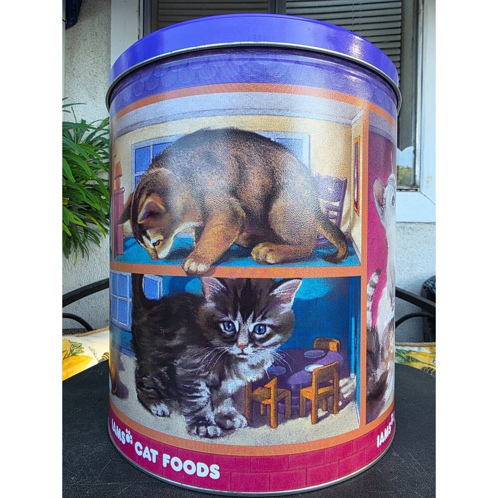 Vintage 1990s Iams Cat Food Tin Storage Canister Large Retro Advertising